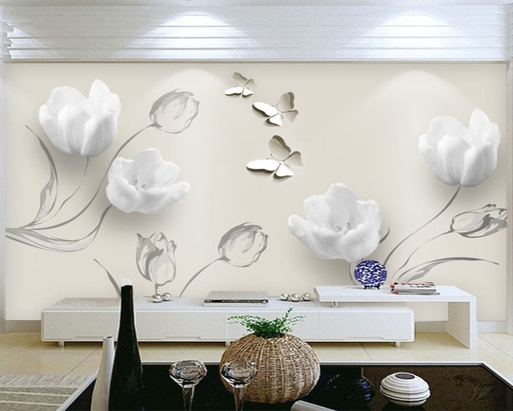Trendy Floral Inspired 3D Wallpaper Tulip Butterfly